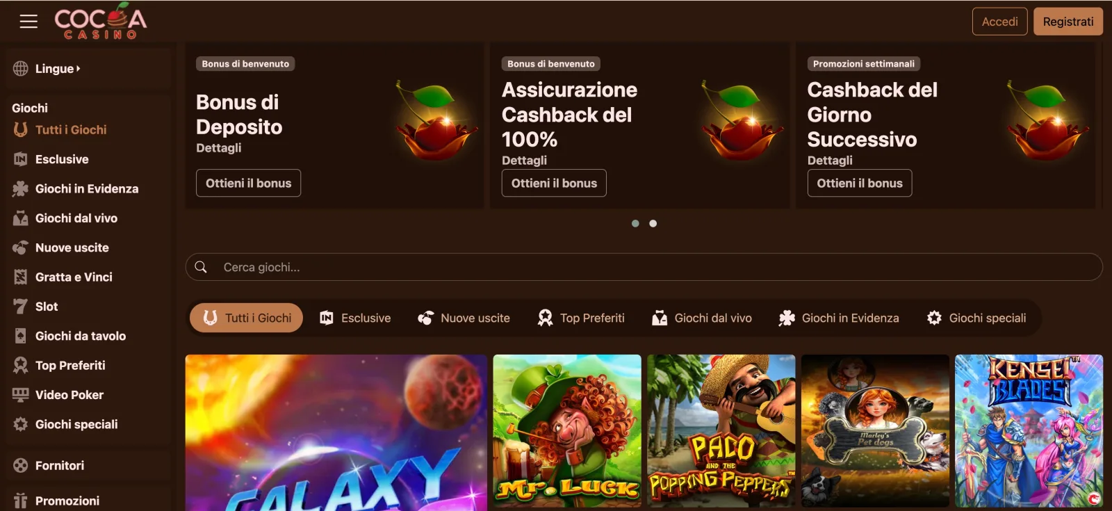Cocoa Casino Main Interface